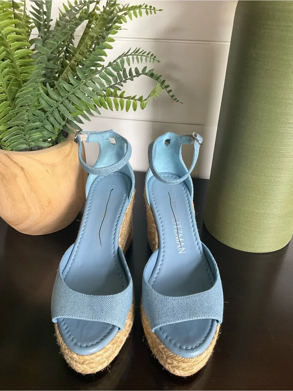 Stuart Weitzman Nudistia Metallic Blue Espadrille Wedge Sandals